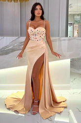 Floor-Length Champagne Sweetheart Stain Beadings Spaghetti Straps Prom Evening Dresses with Split
